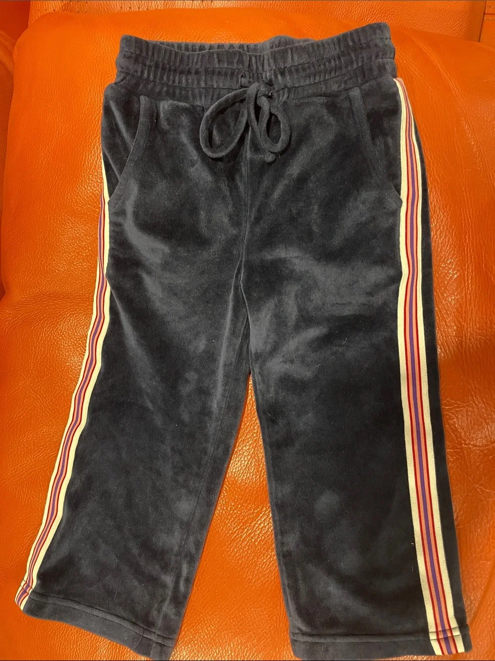 Kids  Navy Velour Jogger Pants with Multicolor Side Stripes